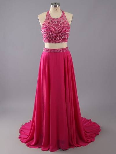 Two Pieces Long Chiffon Prom Dresses Crystals Women Party Dresses