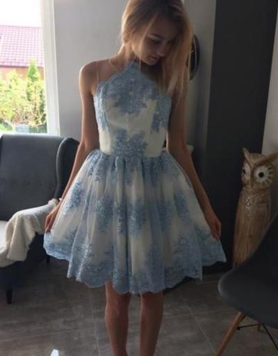 A-line Blue Lace Short Homecoming Dress, Mini Short Homecoming Dresses
