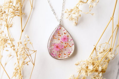Real Dried Flowers and Resin Necklace, Silver Teardrop in Pink Orange and Silver Foil