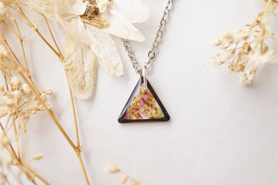 Real Dried Flowers in Resin Necklace, Small Black Triangle in Red Orange Yellow