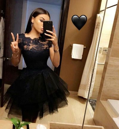 Stylish black round neck lace short prom dress,black homecoming dress, ball gown
