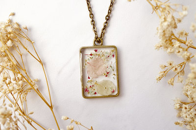 Real Dried Flowers in Resin Necklace, Bronze Square in Pink Mint and White