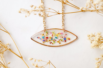 Real Dried Flowers in Resin Necklace, Rose Gold Football Shape in Party Mix