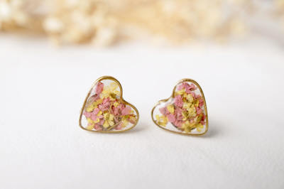 Real Dried Flowers and Resin Heart Stud Earrings in Pink and Yellow