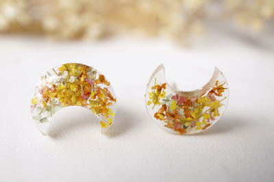 Real Dried Flowers and Resin Moon Stud Earrings in Yellow Orange Mint