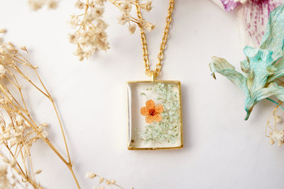 Real Dried Flowers in Resin Necklace, Gold Square in Mint and Orange
