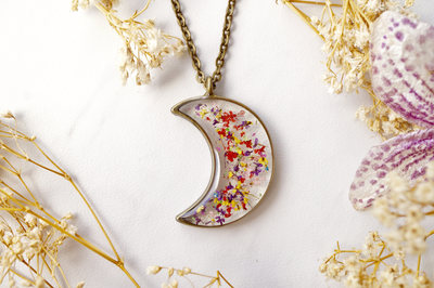 Real Dried Flowers and Resin Moon Necklace in Red Yellow Purple Green Mix