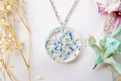 Real Dried Flowers in Resin Necklace, Circle in Light Pink Blue Mint