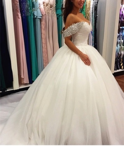 Off Shoulder Ball Gown White Tulle Wedding Dresses Crystals beaded Women Party Dresses