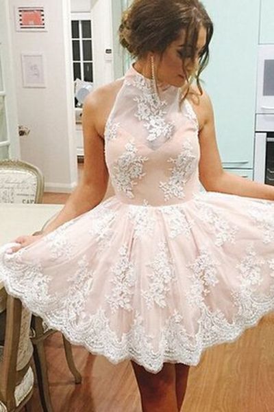 Above Knee White Lace Prom Dresses Halter Neck Women Party Dresses