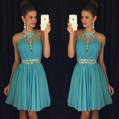 Halter Neck Short Chiffon Prom Dresses Crystals Women Party Dresses 2017