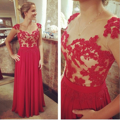 Scoop Neck Red Chiffon Prom Dresses Lace Floor Length Women Dresses