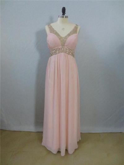 V-neck Long Chiffon Pink Prom Dresses Crystals Women Dresses
