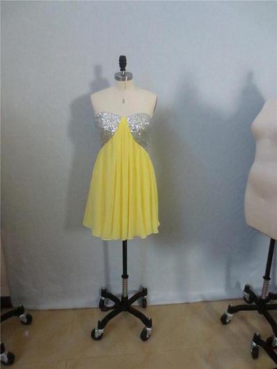 Short Yellow Chiffon Prom Dresses Sequin lace Women Dresses