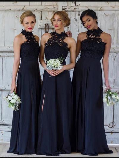 Navy Blue Split Side Chiffon Bridesmaid Dresses for Wedding