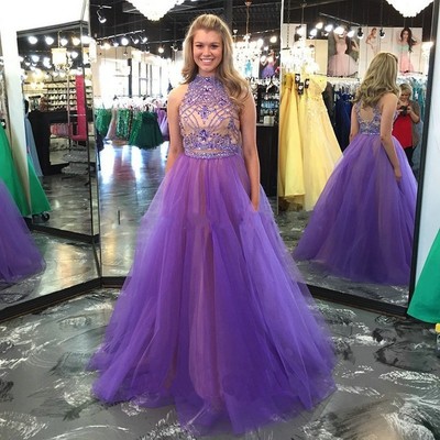 Halter Neck Purple Tulle Prom Dresses Crystals Beading Women Dresses