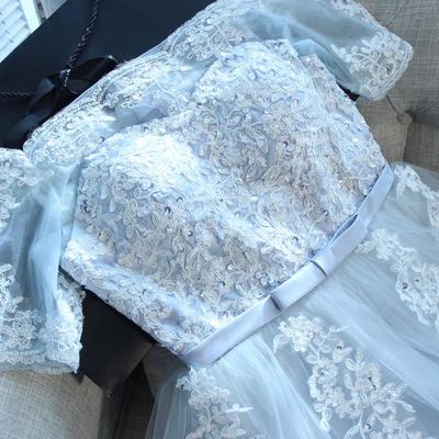 Cap Sleeves Sky Blue Tulle Short Homecoming Dresses for Junior