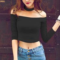 Off The Shoulder Long Sleeve Crop Top - Thumbnail 1