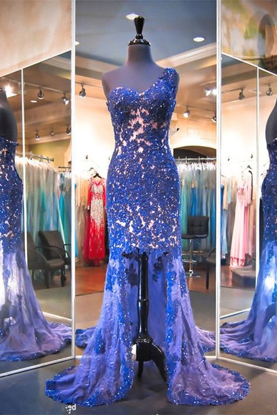 One Shoulder Mermaid Tulle Prom Dresses Lace beaded Women Dresses