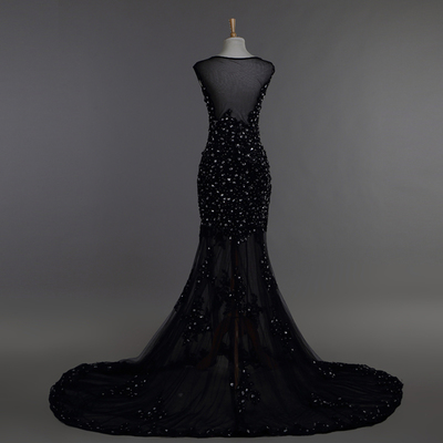 Scoop neck Mermaid Black Tulle Prom Dresses Lace Appliques Women Dresses