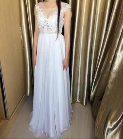 Scoop Neck Long White Chiffon Prom Dresses Lace Women Party Dresses