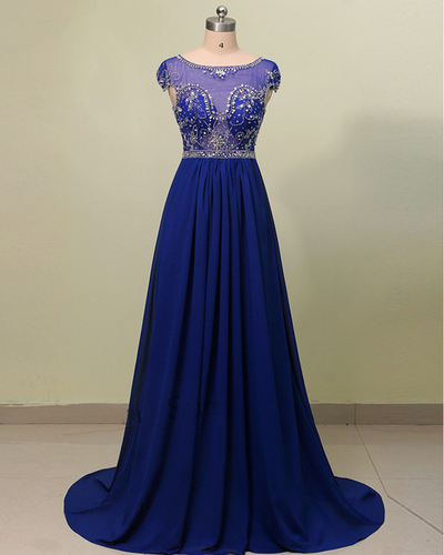 Scoop Neck Royal Blue Chiffon Prom Dresses Crystals Women Party Dresses