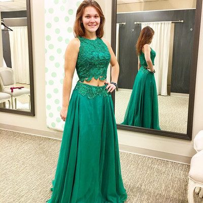 Two Pieces Green Satin Prom Dresses Lace Women Party Dresses