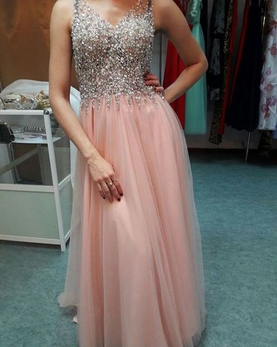 Scoop Neck long Pink Tulle Prom Dresses Crystals Beaded Women Dresses