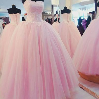Ball Gown Pink Tulle Prom Dress Lace Appliques Women Party Dress
