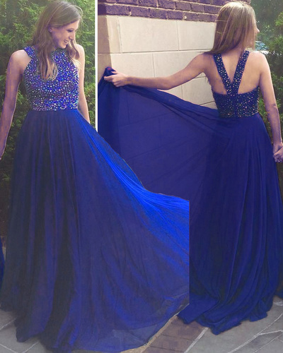 Royal Blue Chiffon Prom Dresses Crystals Women Party dresses