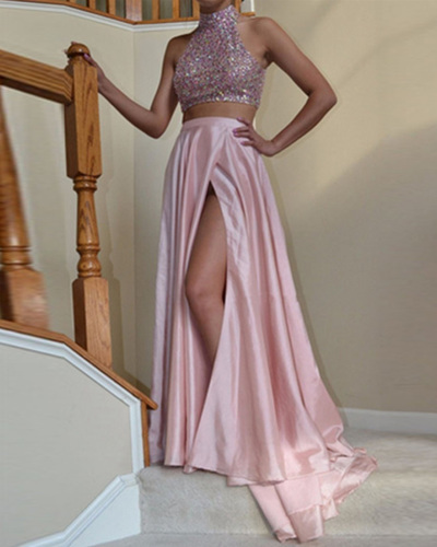 Two Pieces Pink Satin Prom Dresses Halter Neck Crystals Women Dresses