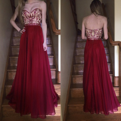 Sweetheart Neck Long Chiffon Prom Dresses Crystals Beaded Women Dresses