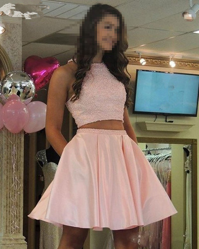 Two Pieces Pink Satin Prom Dresses Above Knee Crystals Women Dresses