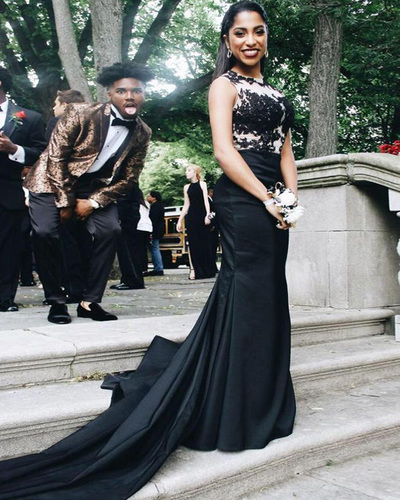 Mermaid Black Long Satin Prom Dresses Scoop neck Women Dresses