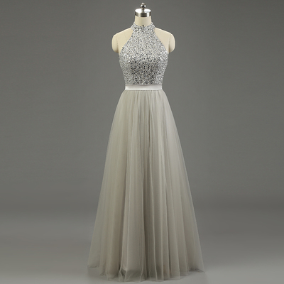 Two Pieces Tulle Prom Dresses Halter Neck Crystals Women Dresses