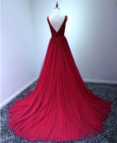 V-neck Long Tulle Prom Dresses Beaded Floor Length Women Dresses