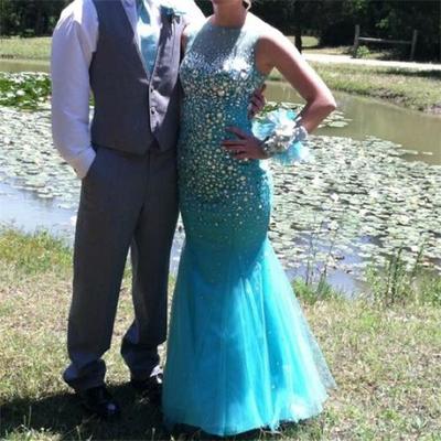 Scoop Neck Mermaid Tulle Prom Dresses Crystals Women Party Dresses