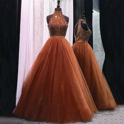 Halter Neck A-line Tulle Prom Dresses Crystals Women Party Dress