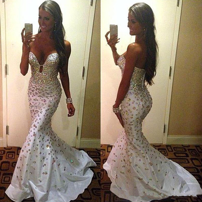 Mermaid White Satin Prom Dresses Sweetheart Neck Crystals Women Dresses