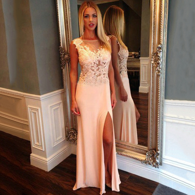 Scoop Neck Long Chiffon Prom Dresses Lace Women Party Dresses