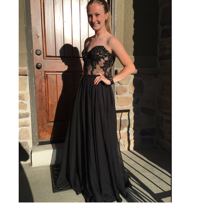 Long Black Chiffon Prom Dresses lace Appliques Women Dresses