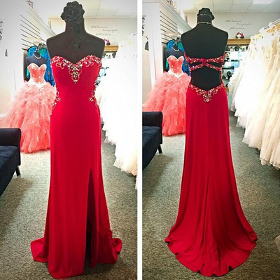 Sweetheart Neck Long Red Chiffon Prom Dresses Crystals Women Party Dresses