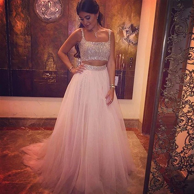 Two Pieces Pink Tulle Prom Dresses Crystals beaded Women Dresses