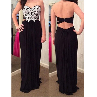 Sweetheart Neck Long Black Chiffon Prom Dresses lace Appliques Women Dresses