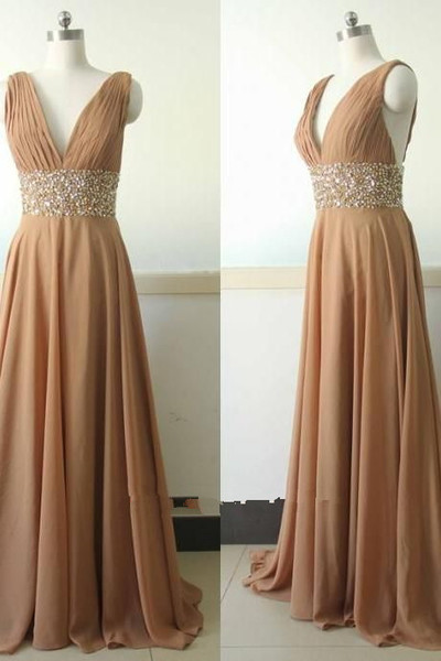 V-neck Long Chiffon Prom Dresses Crystals Pleat Women Party Dresses