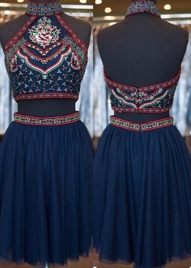 Open Back Short Chiffon prom Dresses Embroidery Beaded Women Dresses