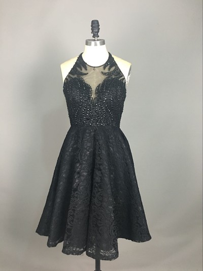 Halter Neck Black Lace Prom Dresses crystals Women Party Dresses