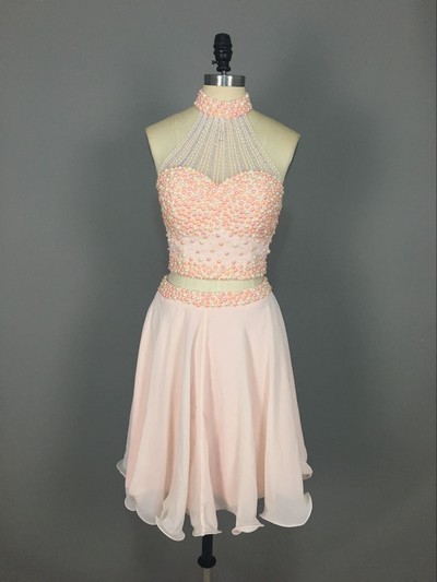 Halter Neck Chiffon Prom Dresses Crystals Two Pieces Women party Dresses