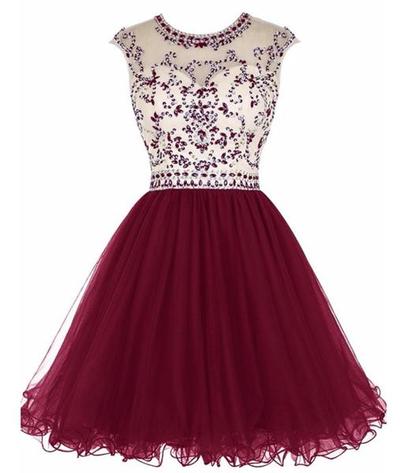 Scoop Neck Short Tulle Prom Dresses Crystals Beaded Women Dresses