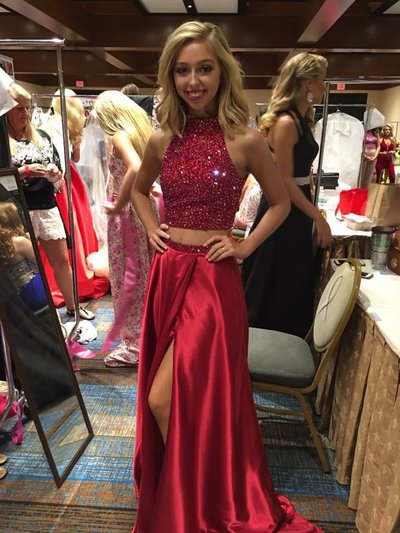 Two Pieces Red Satin Prom Dresses Crystals Women Party Dresses